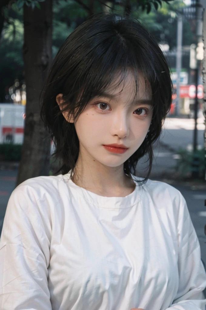 (Skin details:1.4), (smooth skin textures:1.3), Lipstick, background, earrings, Serene, calm, (Realistic and detailed eyes:1.2), (Large Breasts:1.3),Natural skin texture, Realistic facial details, Soft dramatic lighting, Vivid details, 35 mm film, outdoor, (Photo Practical:1.4), (hyper Practical:1.4), (Practical:1.3), (Smoother lighting:1.05), (Improve lighting quality:0.9), (Highest quality real skin textures:1.4), Exquisite eyes, Delicate face, Close-up of face, (Enhance the beauty of skin texture:1.1), Hair details, Model,normal body ratio, short hair, Moles under the eyes, Park background,Portrait Photography, Depth of Field, bokeh, Surrealism, Ray Tracing, (Portrait Photography:1.1), Surrealism, High Detail, clair obscur, Ray Tracing, reflected light, ultra HD, ultra HD, masterpiece, Textured Skin, Super Detail, High Detail, high quality, best quality