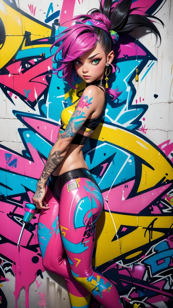 (best quality), (high detail), (vivid colors), (graffiti style), (freestyle), (Close up), (1girl), young sexy female graffiti artist, spraying graffiti on a wall painted with street art, HDR, 8K, 3D, graffiti art style.