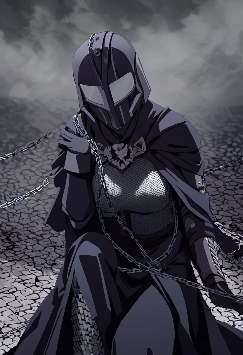 young woman, The Dark Knight, Long Black Robe, Angular Armor, creepy full face helmet, long chain mail to the knees, grim gloves and shoulder pads