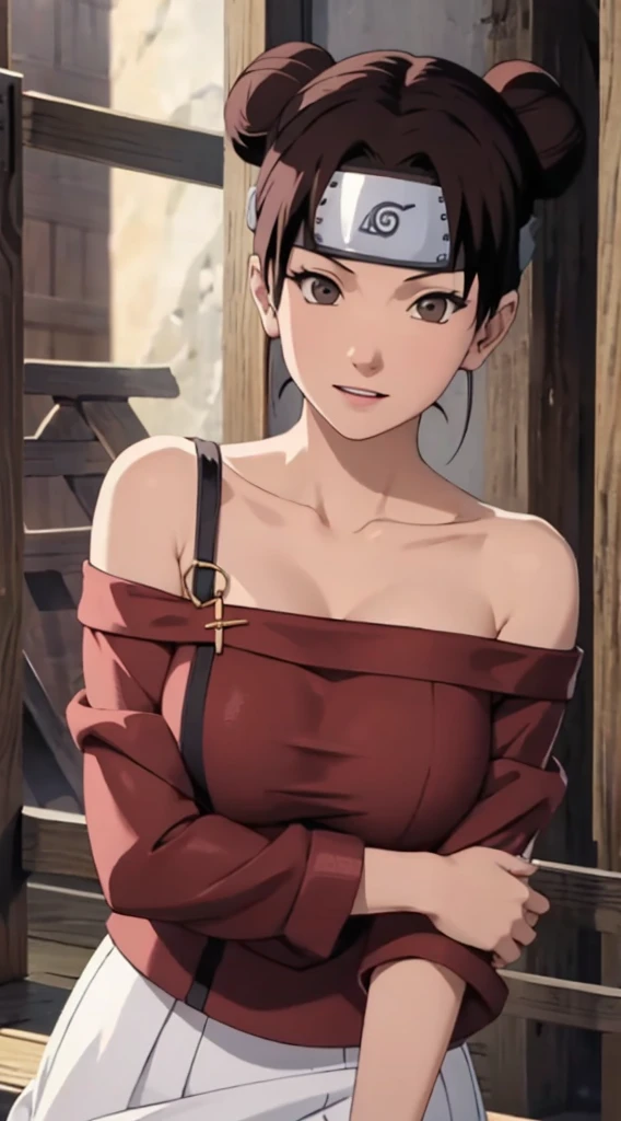 (tmasterpiece),one-girl,little breast,(Be red in the face),Redlip,cleavage,(Off-the-shoulder attire:1.2),Bust photo,naruto,Long-lasting forehead protection,white clothes,looks into camera,sportrait,ssmile,Japanese-style ancestral hall,large gate,SakuraNS,4k quality,The most beautiful face,White skin of the,tian zi