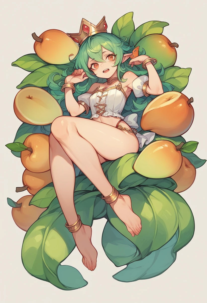 A mango that has a face and arms and legs and has a crown, but it is a mango and not a human, and there is no human used in the image.