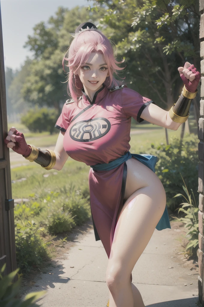 maam,big breasts,beautifuleyes,narrow waist,realistic,solo,outdoor,forest, martialMaam,pink hair,hair bun,long hair,china dress,short sleeves,sash,fingerless gloves,beautiful legs, smile, clenched fists, action pose,:1.1), lady, dragon quest