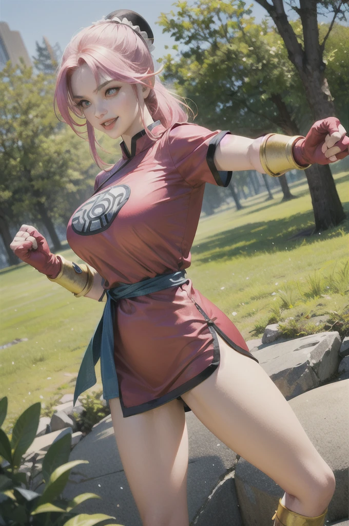 maam,big breasts,beautifuleyes,narrow waist,realistic,solo,outdoor,forest, martialMaam,pink hair,hair bun,long hair,china dress,short sleeves,sash,fingerless gloves,beautiful legs, smile, clenched fists, action pose,:1.1), lady, dragon quest