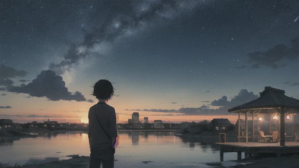 真っ暗なnight空,cafe,Octane, star (null), scenery, Blue parakeet,The acoustic guitar is in front of the body.,star, night, A girl and a boy standing back to back, Back view, alone, Outdoor, city,river,Blue parakeet,building, cloud, 天のriver,silhouette