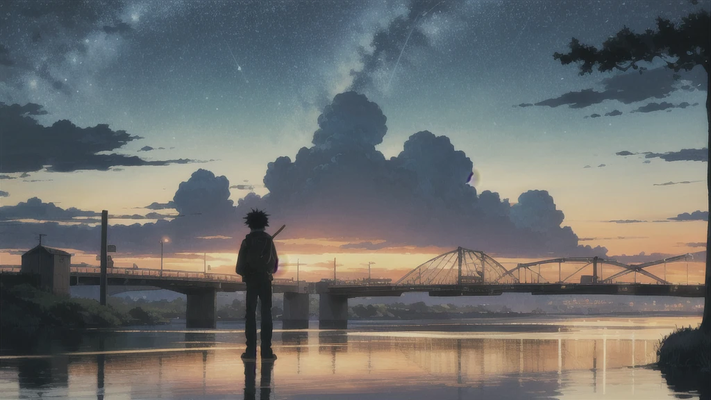 真っ暗なnight空,cafe,Octane, star (null), scenery, Blue parakeet,The acoustic guitar is in front of the body.,star, night, A girl and a boy standing back to back, Back view, alone, Outdoor, city,river,Blue parakeet,building, cloud, 天のriver,silhouette