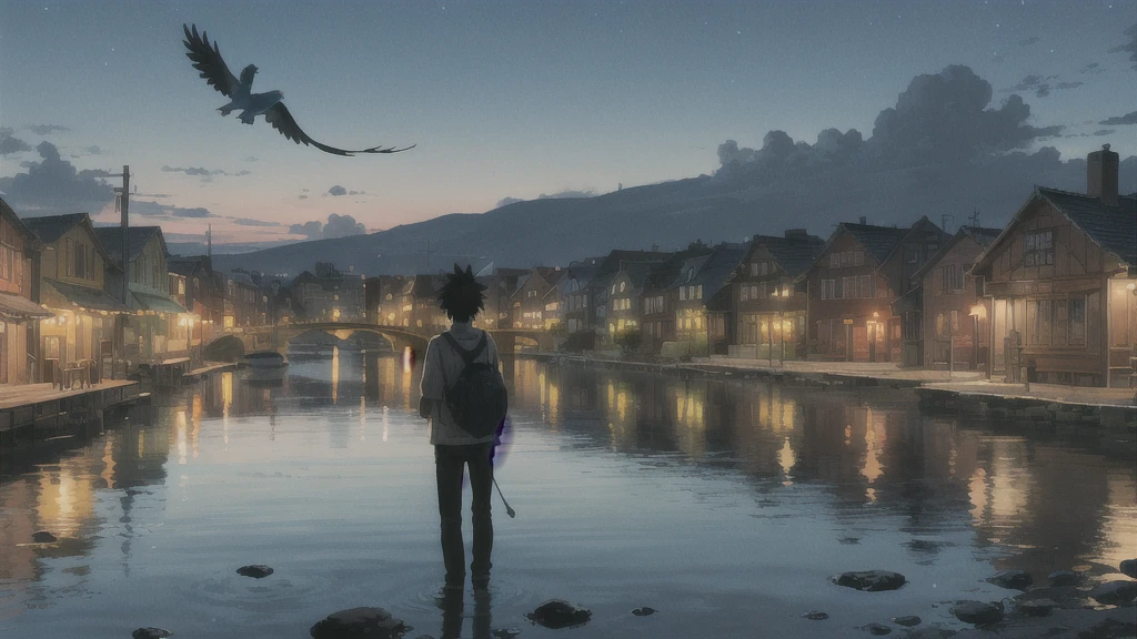 真っ暗なnight空,cafe,Octane, star (null), scenery, Blue parakeet,The acoustic guitar is in front of the body.,star, night, A girl and a boy standing back to back, Back view, alone, Outdoor, city,river,Blue parakeet,building, cloud, 天のriver,silhouette