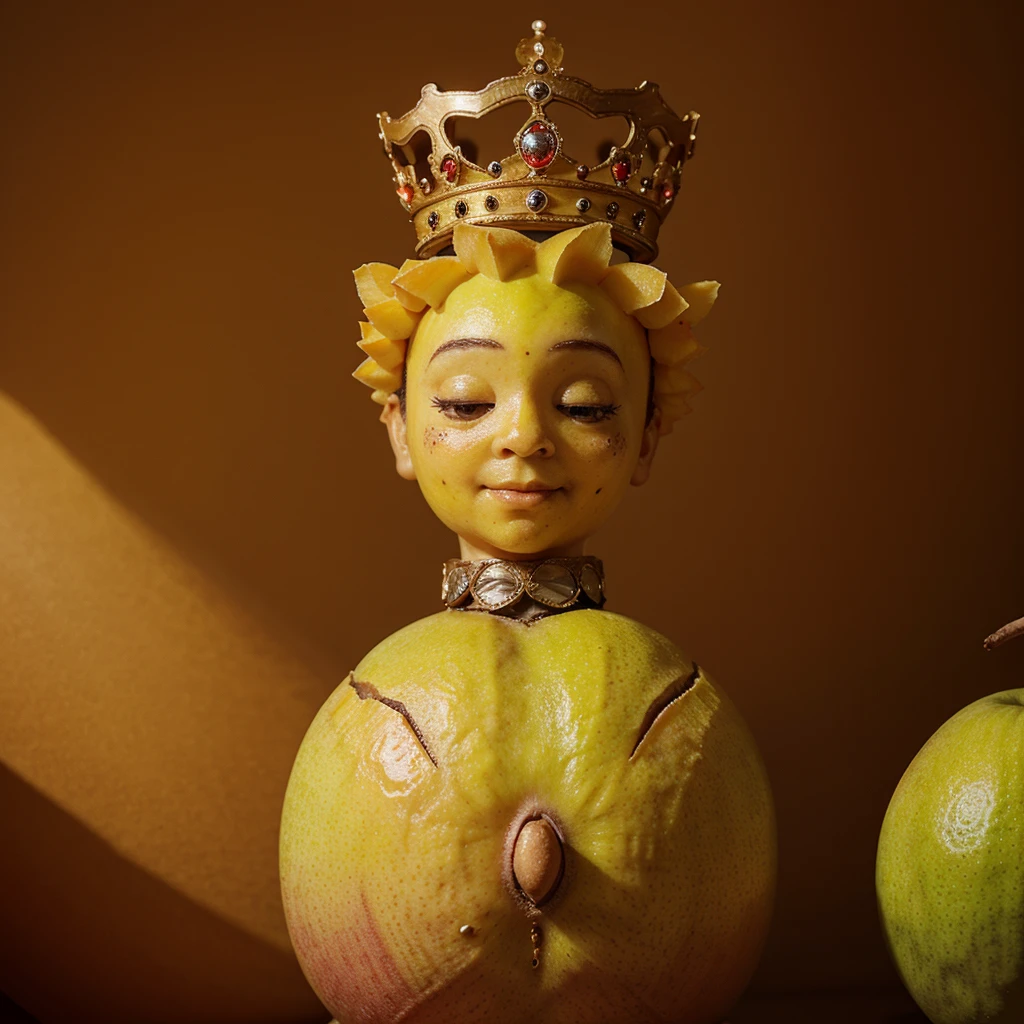 A mango that has a face and arms and legs and has a crown, but it is a mango and not a human, and there is no human used in the image.