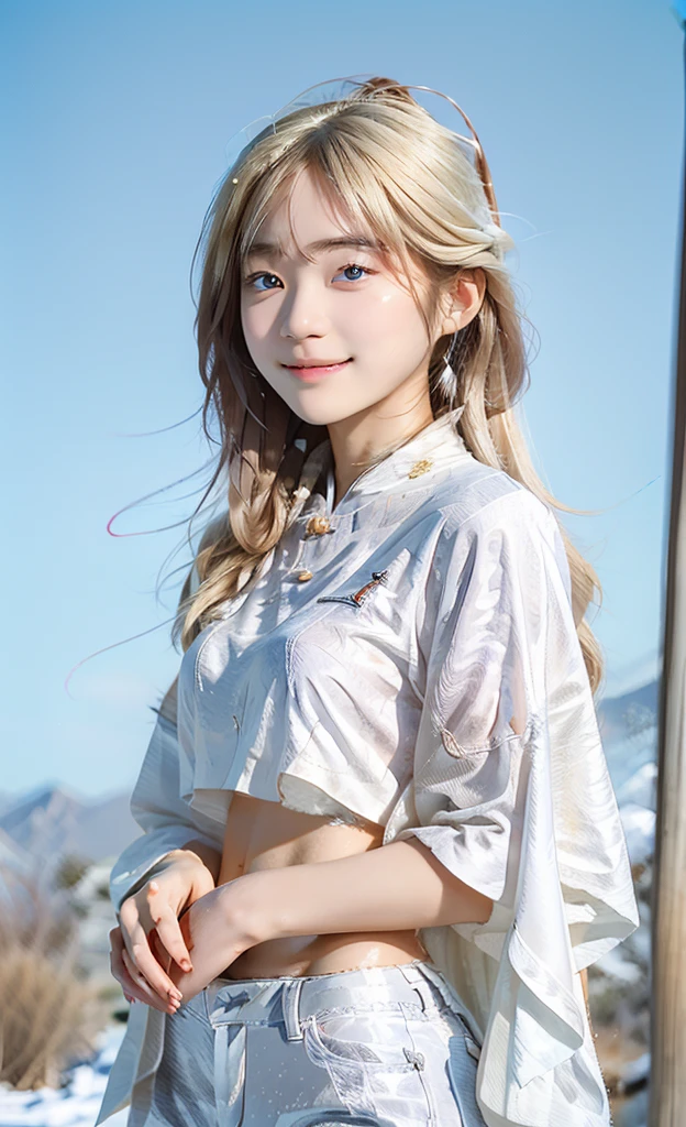 masterpiece,high resolution,High-resolution details, A beautiful 20-year-old Korean girl,Long blond hair,White and tender skin, Smiling tenderly looking at the camera,Full body photo in the frozen wilderness after the apocalypse, High Detail Skin, Runner's Slim Body, tense face, Strong face, Very tired face, wearing military dirty white pants, Wearing a military scarf with a white and grey pattern, Wearing a winter camouflage military vest, Wearing punk jewelry, Viking tattoo, Bad Girl, Femicide, Wild Girl, Post-apocalyptic style, Raw, Dramatic Lighting, Threatening the Nordic Skies, 8K, 超high resolution.Reality, Ultra HD, Digital SLR Camera, Phase One XF IQ4, 150 MP, Snowy fjord landscape with apocalyptic and destroyed scenery in the background, dirt, dust, rumble, crumb, Mad Max atmosphere