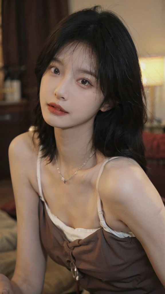 Film portrait photography, 1 girl, bare shoulders,lipstick,(flat chest:1.4), wear necklace,Big breasts,Cute expression,Exquisite makeup,Red suspenders,serene, calm, (Realistic and detailed eyes, natural skin texture, Realistic facial details), Soft dramatic lighting, depth of field, Bokeh, Vibrant details, Detailed and detailed, surreal, 35mm film, hazy, ,