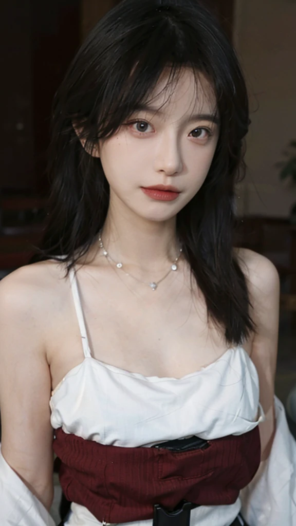 Film portrait photography, 1 girl, bare shoulders,lipstick,(flat chest:1.4), wear necklace,Big breasts,Cute expression,Exquisite makeup,Red suspenders,serene, calm, (Realistic and detailed eyes, natural skin texture, Realistic facial details), Soft dramatic lighting, depth of field, Bokeh, Vibrant details, Detailed and detailed, surreal, 35mm film, hazy, ,