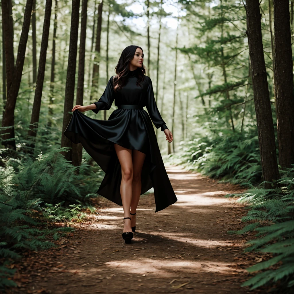 A beautiful woman wearing black silk high heels walking in the forest