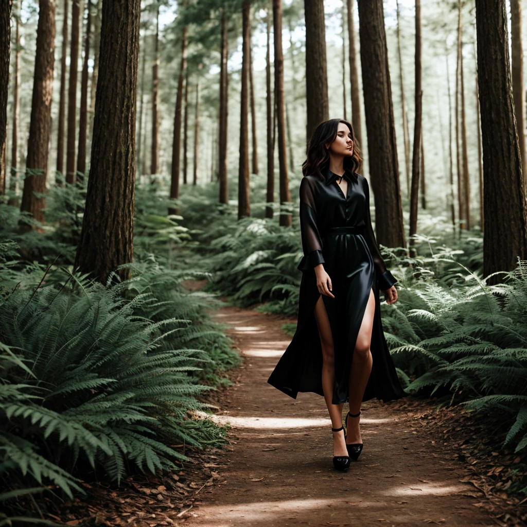 A beautiful woman wearing black silk high heels walking in the forest