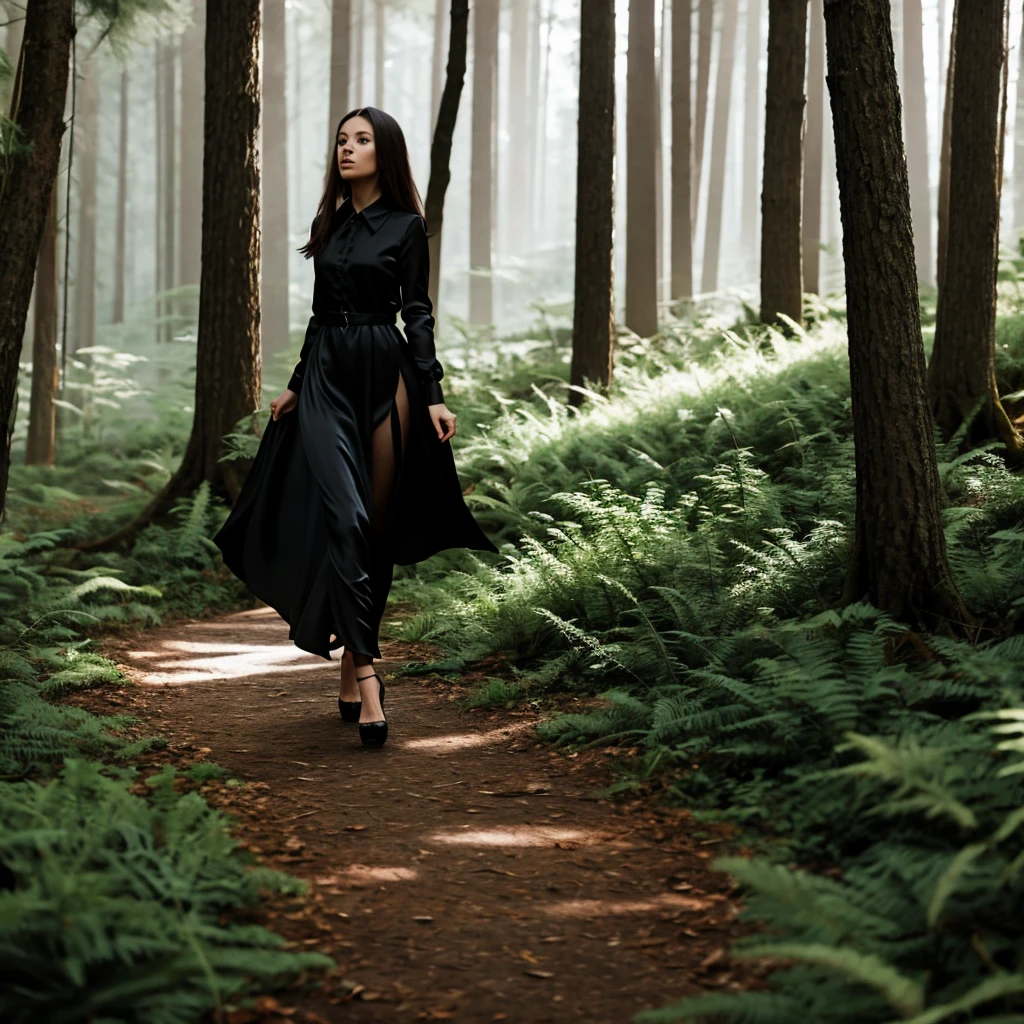 A beautiful woman wearing black silk high heels walking in the forest