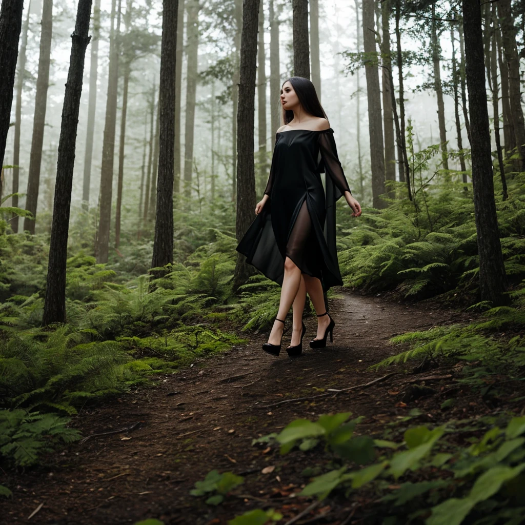 A beautiful woman wearing black silk high heels walking in the forest