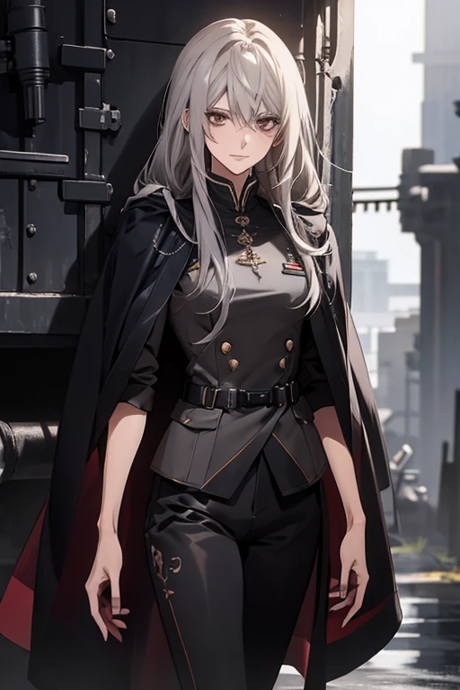 (Confused, High resolution, Very detailed), 1 female, Silver Hair,Long Hair,Reddish brown eyes,Blue and black military uniform,24th generation,beauty,mature,thin,quiet,Calm,A small smile,Long Cape,Slender and thin,Knee-high boots,skinny pants,Hangar,Small breasts,thin身体,Are thin
