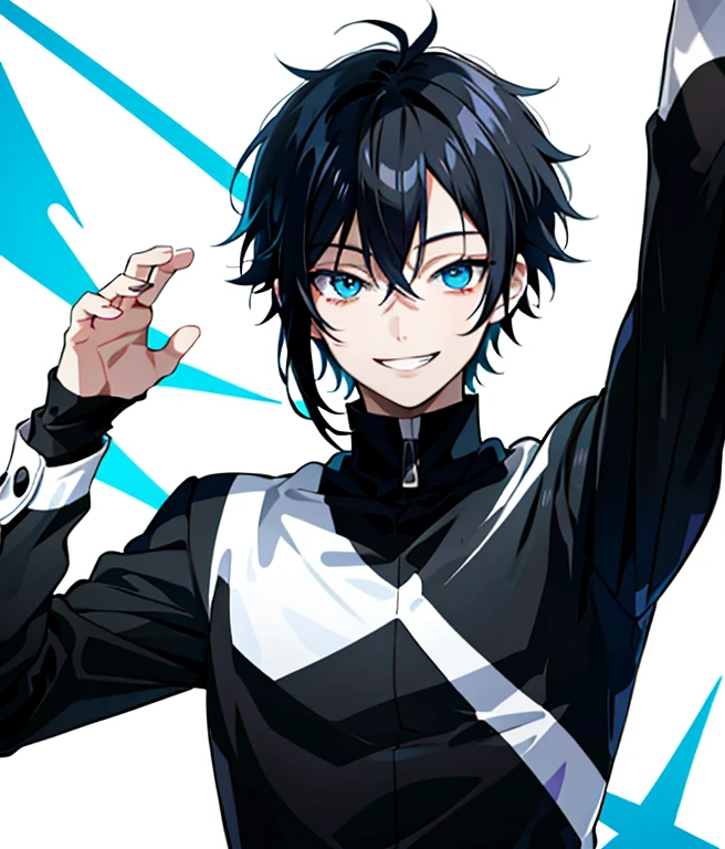 An anime boy with black hair, blue eyes, and smiling