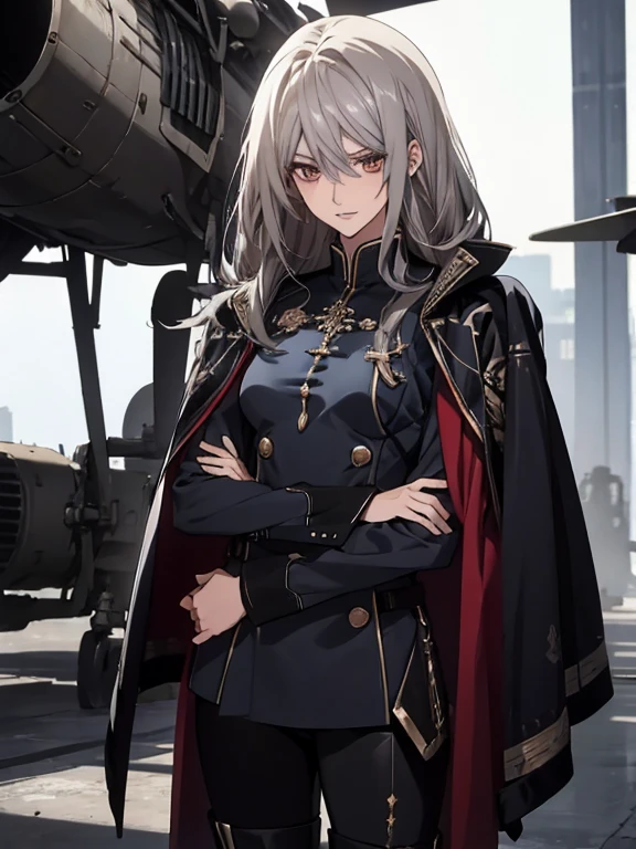 (Confused, High resolution, Very detailed), 1 female, Silver Hair,Long Hair,Reddish brown eyes,Blue and black military uniform,24th generation,beauty,mature,thin,quiet,Calm,A small smile,Long Cape,Slender and thin,Knee-high boots,skinny pants,Hangar,Small breasts,thin身体,Are thin