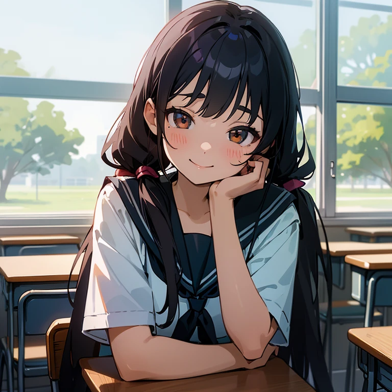 1girl, sitting on chair, gentle smile, 15yo,
classroom, indoors, school chair, school desk,
(low twintails girl), low pigtails, black hair, very long hair,
serafuku with blue ribbon, navy-blue collar,
(brown eye), 1 student bag on right shoulder,
afternoon, summer,
from front,
school,
anime, high brightness, detailed face, detailed eyes,
high quality, ultra detailed, masterpiece, FHD