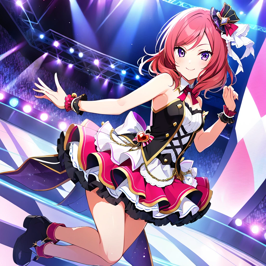 One girl, Nishikino Maki, purple eyes, full body picture, live stage, small breasts, idol costume, smile, solo, id Nishikino Maki, character focus