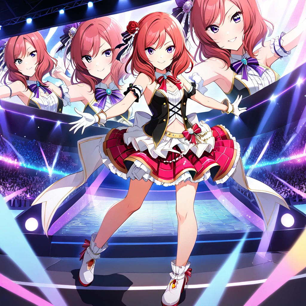 One girl, Nishikino Maki, purple eyes, full body picture, live stage, small breasts, idol costume, smile, solo, id Nishikino Maki, character focus