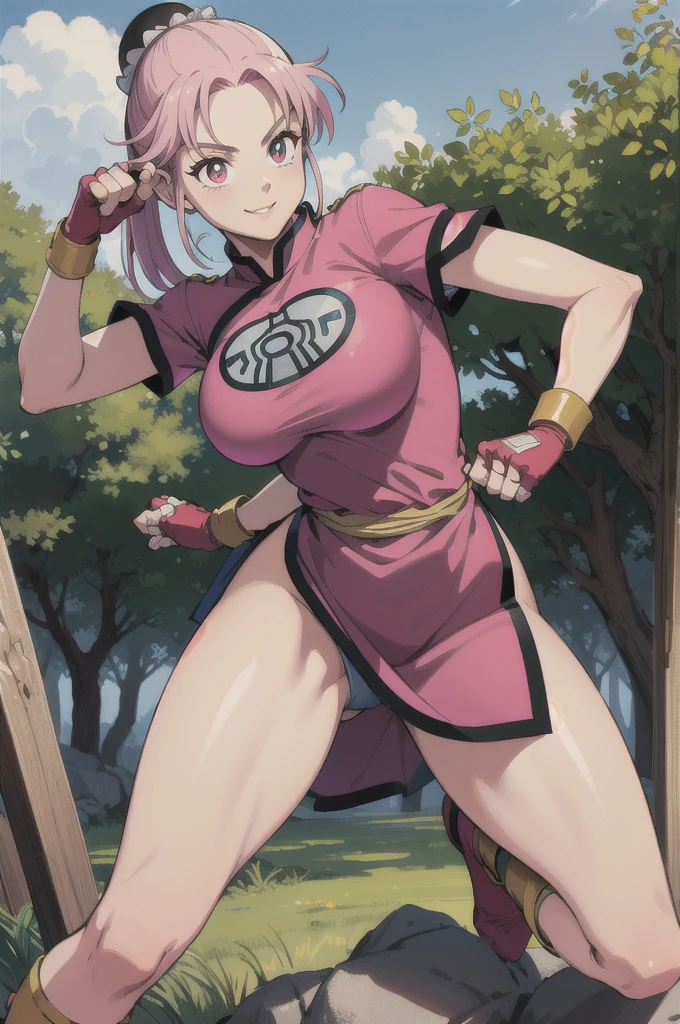 maam,big breasts,beautifuleyes,narrow waist,realistic,solo,outdoor,forest, martialMaam,pink hair,hair bun,long hair,china dress,short sleeves,sash,fingerless gloves,beautiful legs, smile, clenched fists, action pose,:1.1), lady, dragon quest