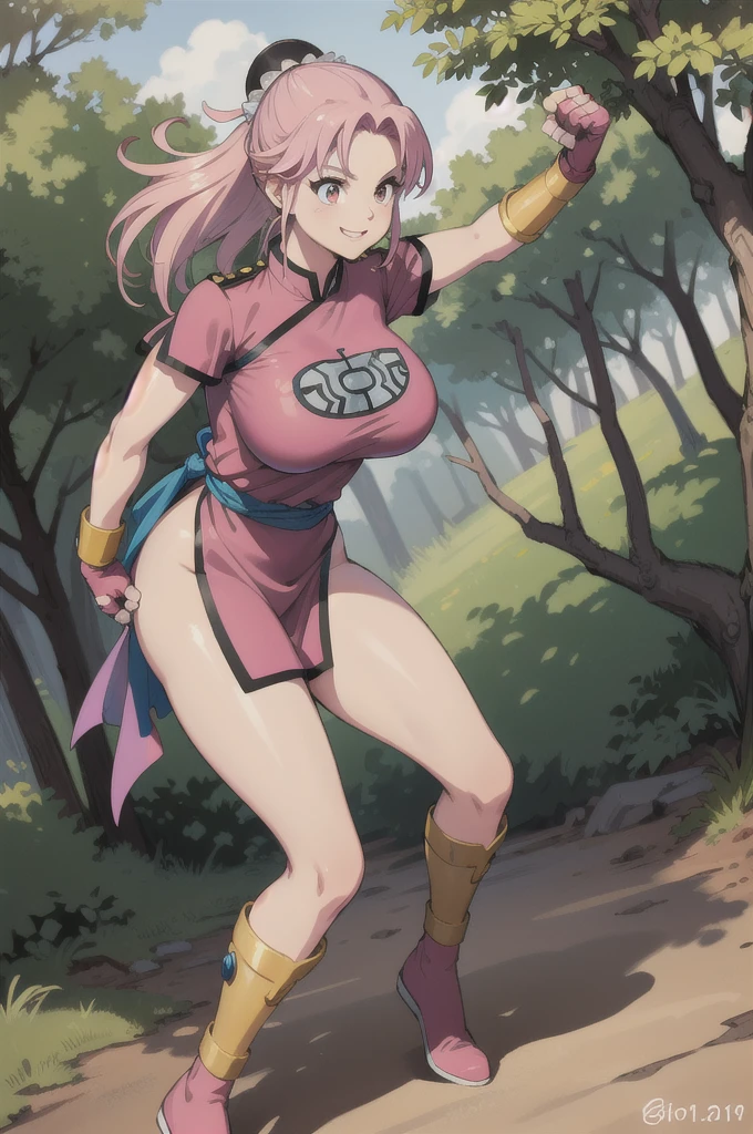 maam,big breasts,beautifuleyes,narrow waist,realistic,solo,outdoor,forest, martialMaam,pink hair,hair bun,long hair,china dress,short sleeves,sash,fingerless gloves,beautiful legs, smile, clenched fists, action pose,:1.1), lady, dragon quest