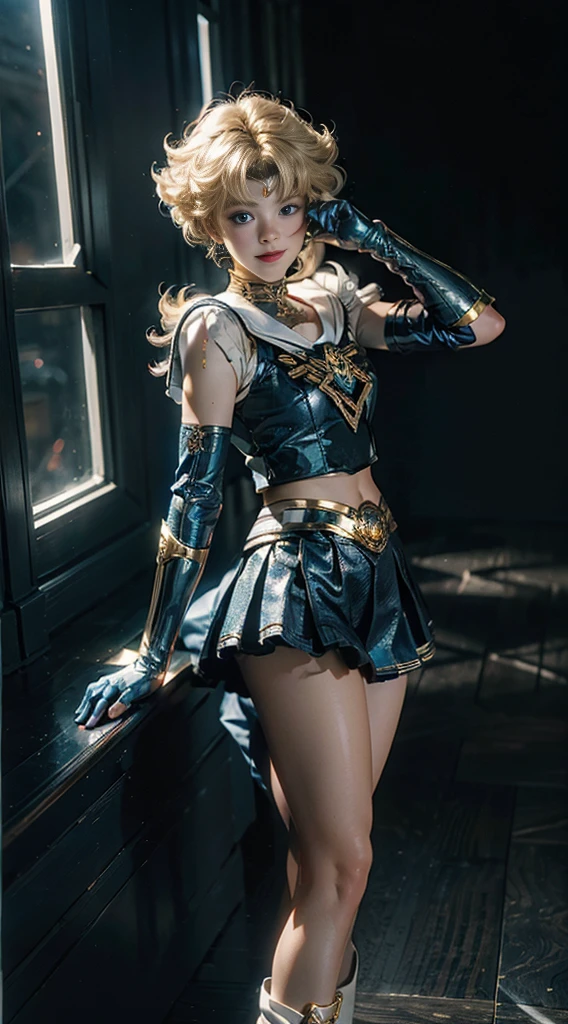 (Extreme detail CG Unity 8K wallpaper, masterpiece, highest quality), (exquisite lighting and shadow, highly dramatic picture, cinematic lens effect), (Sailor Moon: 1.1), charming smile, double tail, blue eyes, blond hair, tight top, Blue gloves, mini skirt, dynamic pose), the background is the universe (excellent detail, excellent lighting, wide angle), (excellent rendering, enough to stand out in its class),whole body