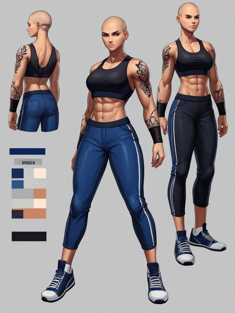 ((best quality)), ((4k)), ((highres)), ((masterpiece:1.2)). ((detailed)), ((ultra realistic)), ((intricate details)), ((full body picture)), ((character design sheet)), ((blank background)), ((standing in a blank background)), a full body shot of a bald female, bald woman, muscular woman, muscular arms, mucular legs, about 5'8 tall, about 25 years old, arm tattoos, ((arm tattoos)), dressed in a sports bra and blue jeans pants, midriff, six pack abs, sneakers, female gang member, character concept art, fighting game concept art, king of fighters character concept art, shaved head
