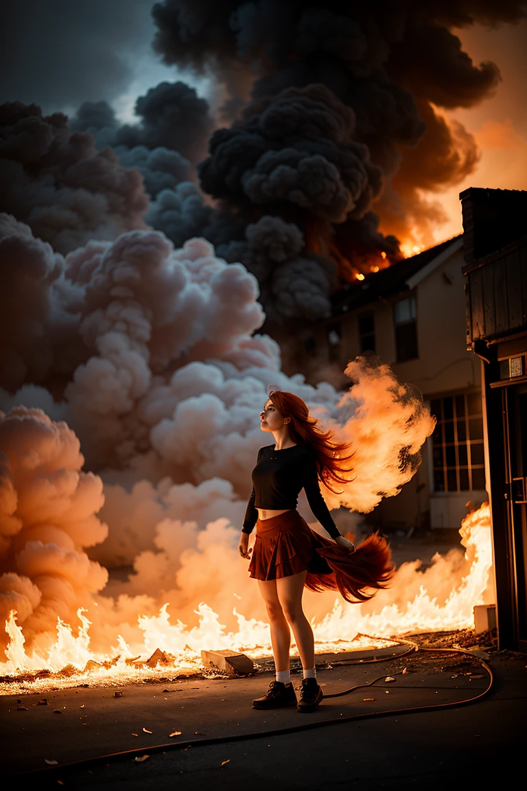 Photo of a woman engulfed in fire and smoke., standing fearlessly in a burning building, (flaming red hair:1.32), (ethereal quality:1.33), wearing a skirt, (hair flying behind her:1.25), neckline, socks