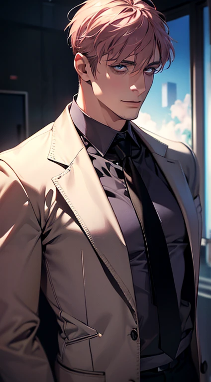 (best quality,4k,8k,highres,masterpiece:1.2),ultra-detailed,(realistic,photorealistic,photo-realistic:1.37),1 man,31 years old,mature man,very handsome,without expression,smile,short grey pink hair,blue eyes,penetrating gaze,perfect face without errors,imposing posture,businessman,office background,cinematic lighting,hdr image
