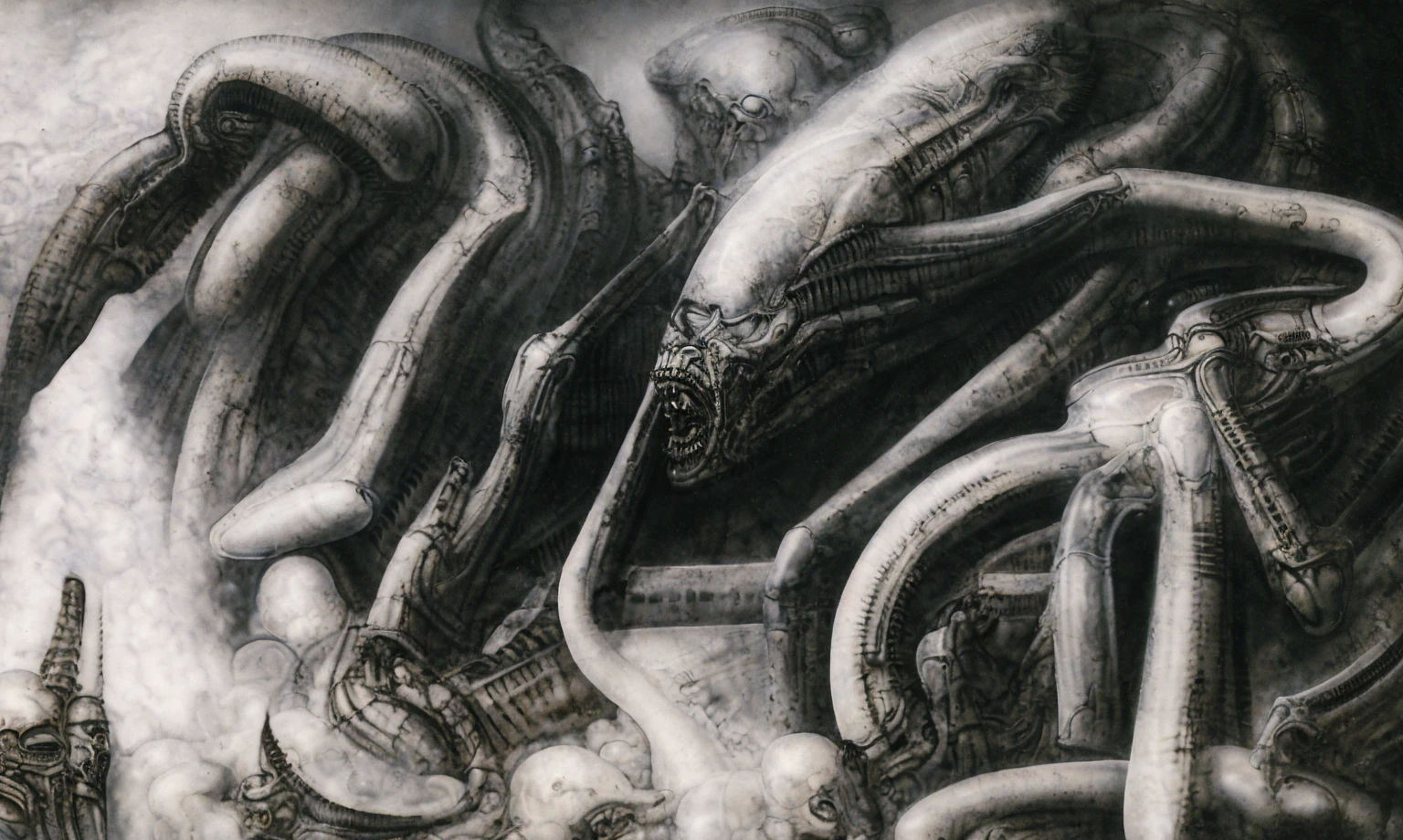 The image is a detailed view of H.R. Giger's biomechanical tableau \" Landscape XVI \" plate, featuring.
(airbrush painting, Giger's alien in front of broken alien ship in landscape, natural light, sharp focus, illustration, highly detailed, digital painting, concept art, matte, art by gric and kozhanov and moebius and Alphonse Mucha, masterpiece, HDR ,UHD , uplight, in HRGigerArhP style);1.
surrealistic painting of a monster with multiple tentacles and a body that looks like a brain, surrounded by a chaotic scene of swirling clouds and other monsters
It's a complex network of bones and organs in eldritch color scheme:a greenish-brown hue ,swirling gery and brown colors. The artwork is silverish and green brown, with an ivory bones prominently displayed. The image is highly detailed and intricate, almost like a 3d version of a medical sketchwork.
The piece is a tableau, most likely created with a India ink pen or pencil on paper, determined by the thin lines, shading techniques, and the texture of the paper, which is visible around the edges.
Used is pen, given the shading and variations in line weight visible in the image. Artist have used a variety of stylus with different degrees of hardness to achieve the shading effects.
The use of undersaturated green-grays dark contrasts creates a stark and graphic look. Is used a variety of linework techniques to create different textures. Fine, parallel lines create a smooth, metallic texture,while thicker, more cursive lines suggest cables or wires.
Light source from the top highlights skeletals, pper part of foreground, lower part of image is in shadowupper part of foreground, lower part of image is in shadow.
The art performance showcases the artist’s skills in observation and rendering. The level of detail in the piece suggests a close study of real bone specimens and mechanics. The artist has skillfully used shading techniques to create a convincing illusion of three-dimensionality on a flat surface. The wrinkles
