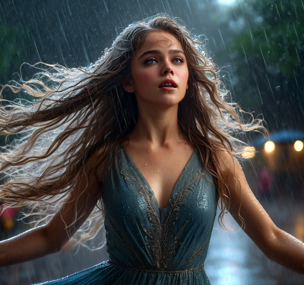 a girl dancing in rain, long flowing hair, beautiful detailed eyes, beautiful detailed lips, extremely detailed face and features, long eyelashes, elegant dress, swirling in the wind, raindrops glistening on her skin, dramatic lighting, moody atmosphere, cinematic composition, vibrant colors, photorealistic, 8k, high resolution, masterpiece