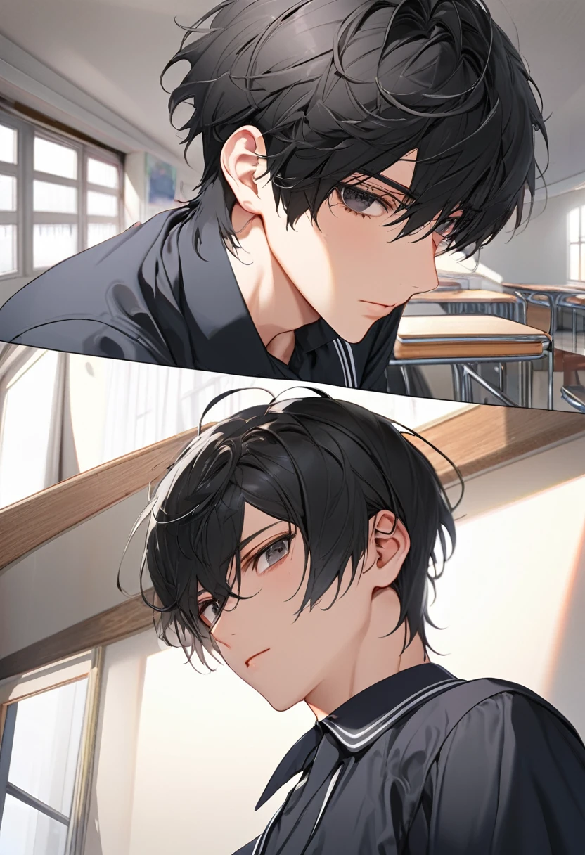 A highschool boy, handsome, perfect body, black hair, short hair, mullet, black eyes, upturned eyes, expressionless, black highschool uniform, anime, first-person view, masterpiece, anatomically correct, high details, highres, best quality, super detail, 1080P