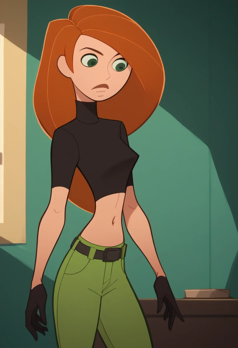 score_9, score_8_up, score_7_up, score_6_up, score_5_up, score_4_up, kim_possible,1girl,solo,long hair,black gloves,navel,green eyes,midriff,belt,green pants,orange hair,black crop top,turtleneck,room,room background,cowboy shot