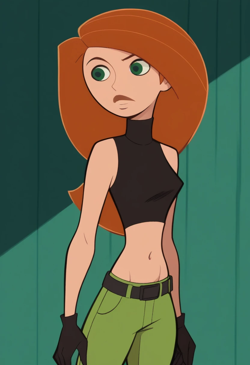 score_9, score_8_up, score_7_up, score_6_up, score_5_up, score_4_up, kim_possible,1girl,solo,long hair,black gloves,navel,green eyes,midriff,belt,green pants,orange hair,black crop top,turtleneck,room,room background,cowboy shot