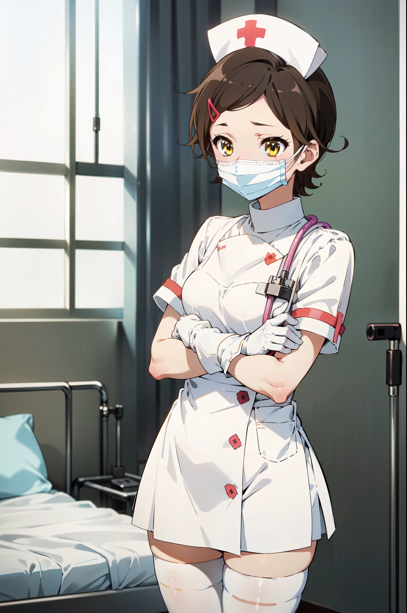 hazuki katou, short hair, brown hair, yellow eyes, hair ornament, solo, nurse, ((white nurse cap, white nurse's outfit)), ((white legwear, zettai ryouiki)), white gloves, ((white surgical mask, covered nose)), standing, hospital room, sharp outline, short sleeves, best quality, masterpiece
