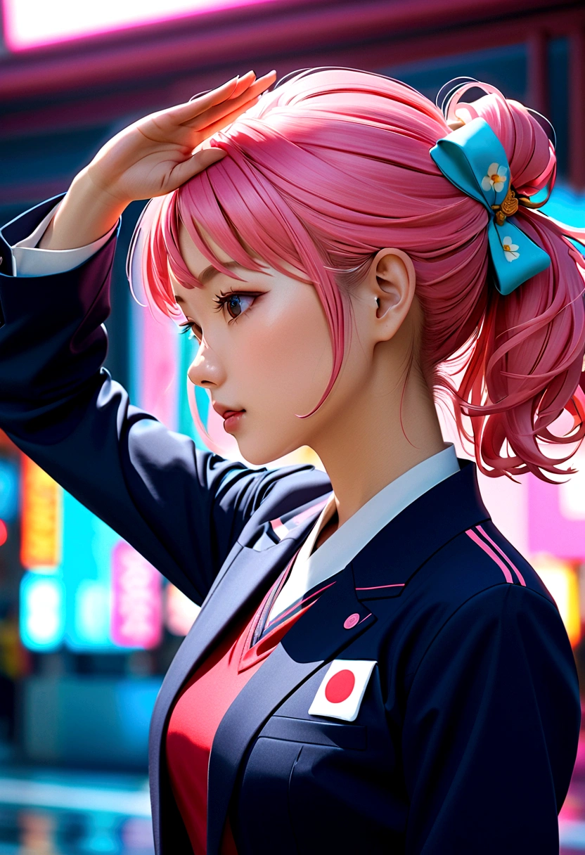 Japanese girl in sports jacket saluting,(Pink Hair: 0.7) , Goto, Hair accessories, 