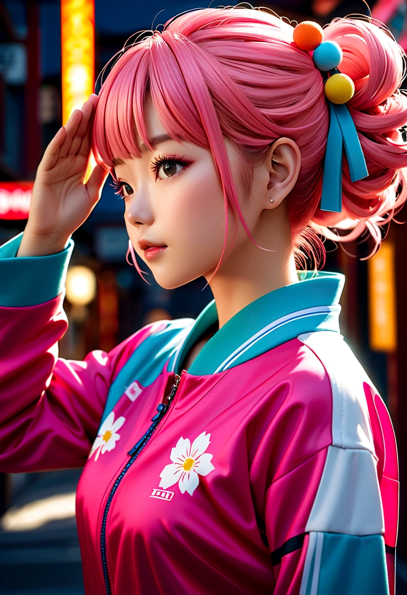 Japanese girl in sports jacket saluting,(Pink Hair: 0.7) , Goto, Hair accessories, 