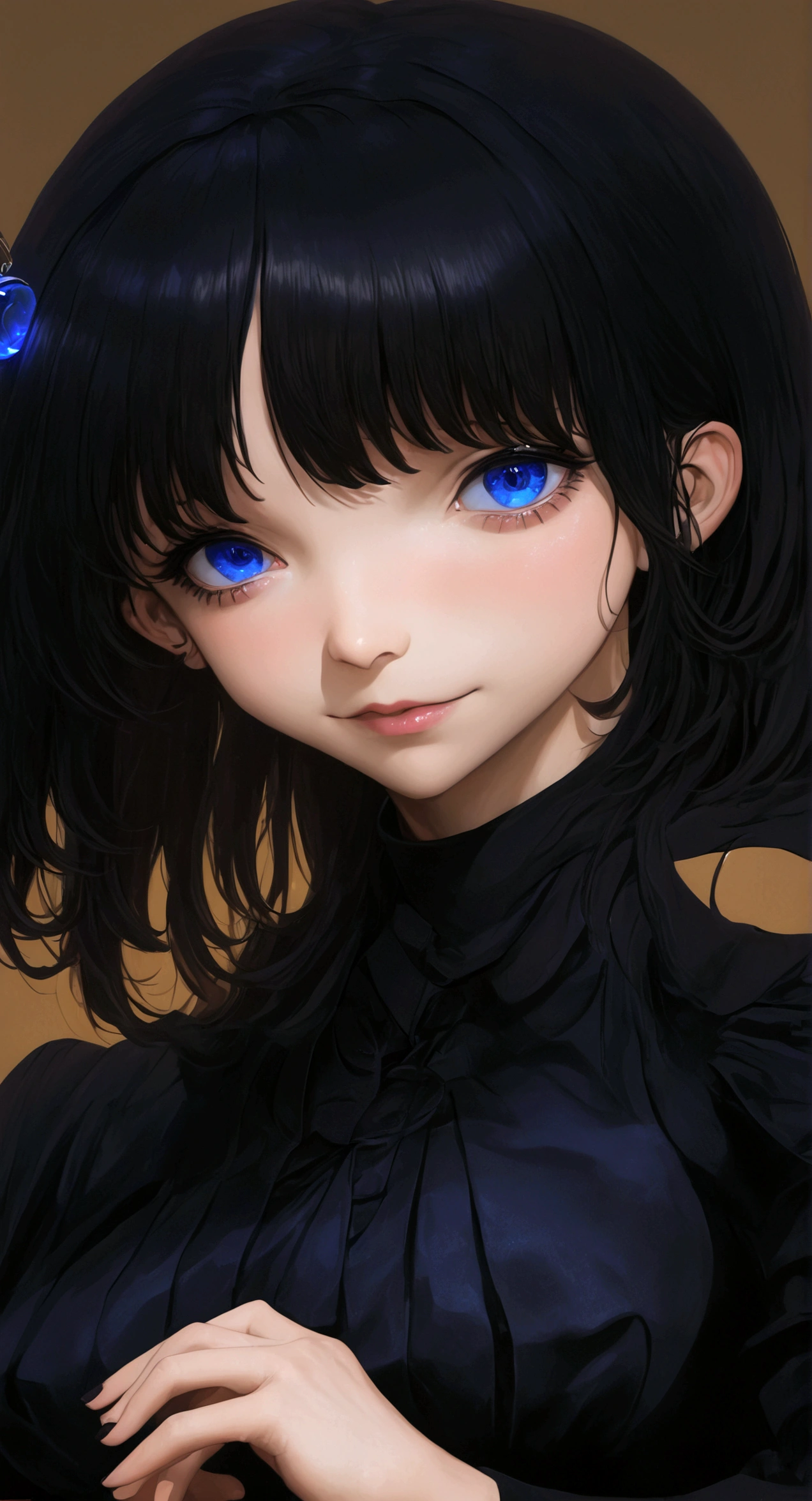 (Masterpiece, Best Quality:1.2), cowboy shot, Alone, 1 girl, mouths\(blue file\), evil smile, looking at the viewer, hands on own face, halo, , black seraph, black long sleeve shirt, black pleated skirt,bright eyes circular pupils,