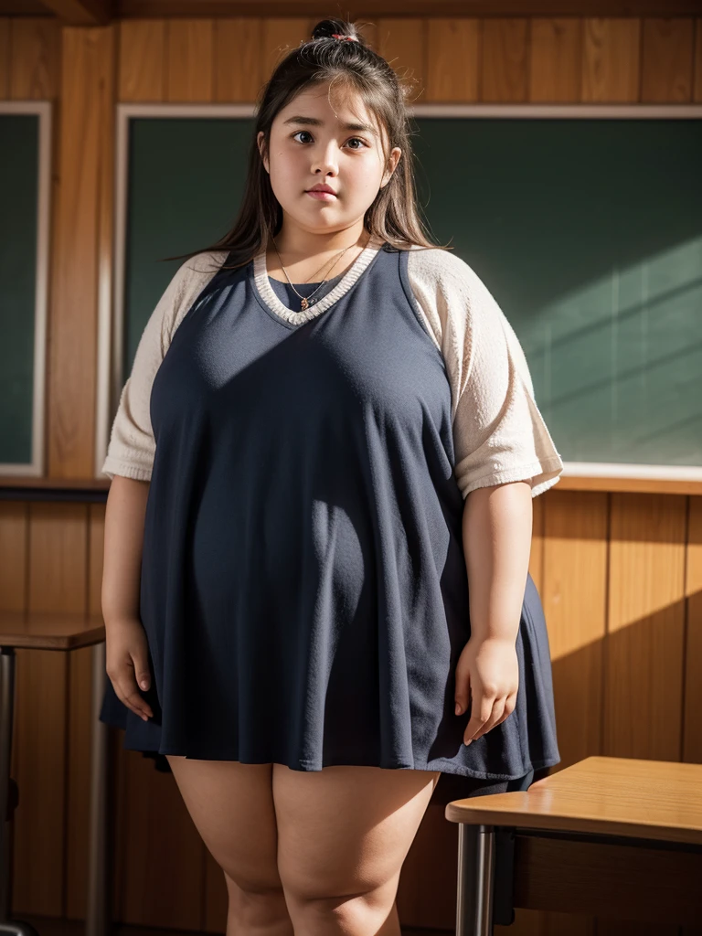 a  obese girl, chubby cheeks, round face, double chin, thick arms and legs, wearing a , standing in a school setting, realistic, detailed, highly detailed, intricate details, photorealistic, 8k, masterpiece, cinematic lighting, dramatic shadows, vibrant colors