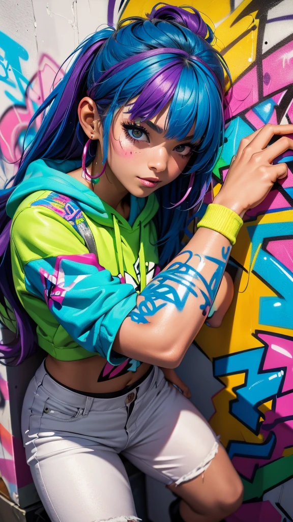 (best quality), (high detail), (vivid colors), (graffiti style), (freestyle), (Close up), (1girl), young sexy female graffiti artist, spraying graffiti on a wall painted with street art, HDR, 8K, 3D, graffiti art style.