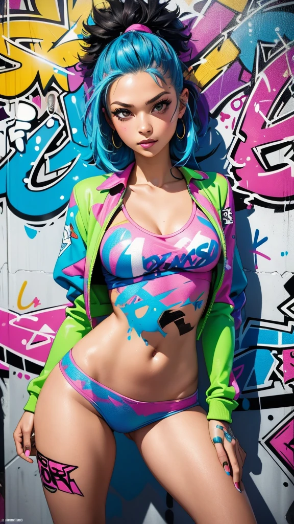 (best quality), (high detail), (vivid colors), (graffiti style), (freestyle), (Close up), (1girl), young sexy female graffiti artist, spraying graffiti on a wall painted with street art, HDR, 8K, 3D, graffiti art style.