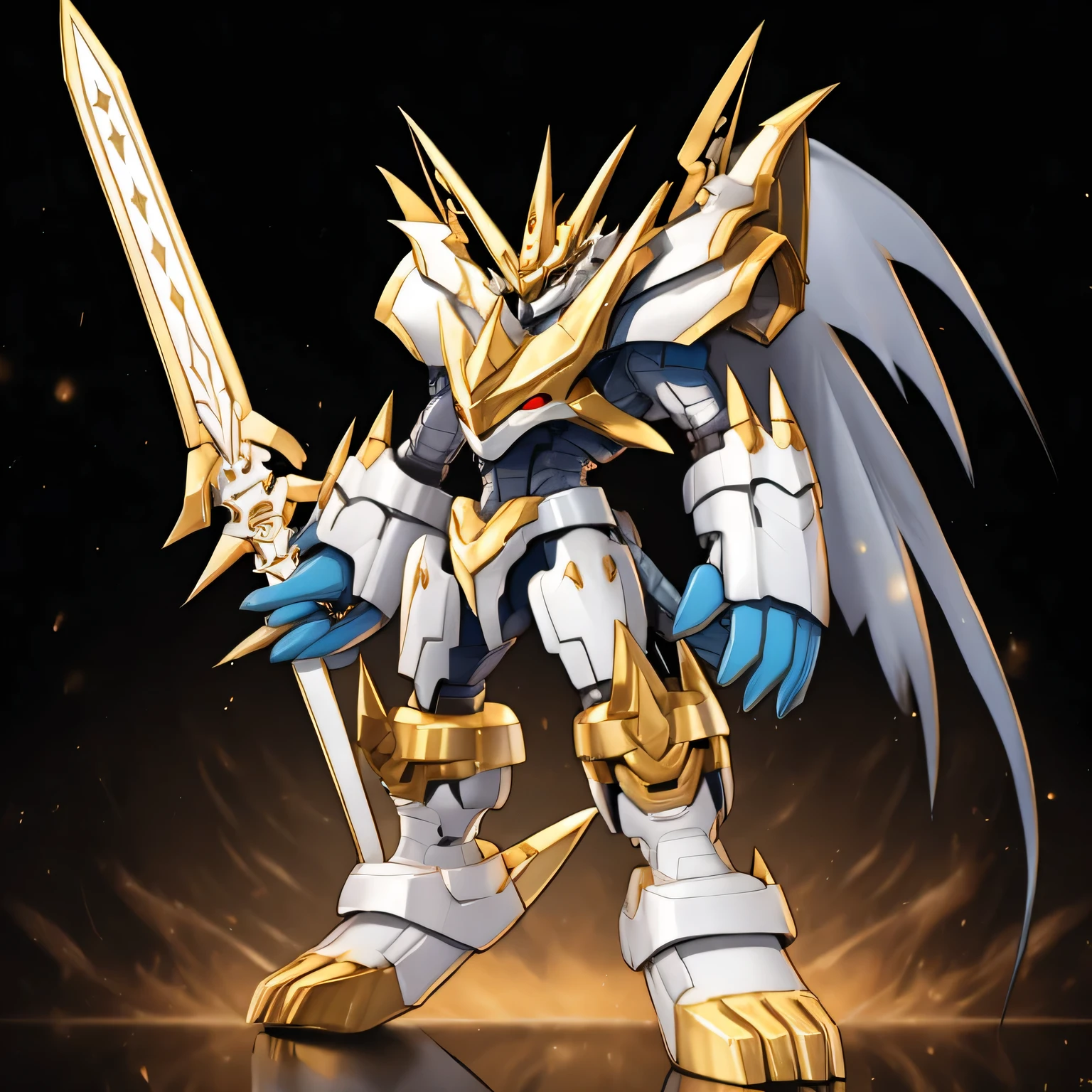 solo. Imperialdramon Paladin Mode. armor. sword. holding a sword.