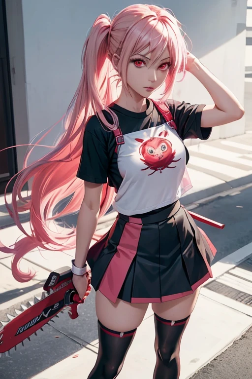 solo, Makima girl anime character Chainsaw Man (medium breasts) (masterpiece, best quality: 1.2), alternative costume, pink hair, blond hair, red eyes, black shoes, stockings, (red eyes: 1.3), ,black shirt, blue skirt