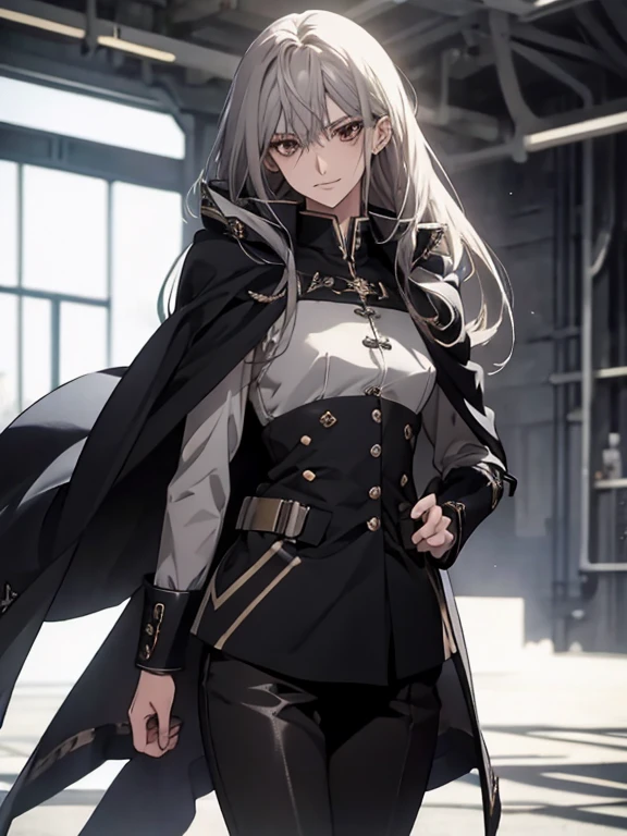 (Confused, High resolution, Very detailed), 1 female, Silver Hair,Long Hair,Reddish brown eyes,Blue and black military uniform,24th generation,beauty,mature,thin,quiet,Calm,A small smile,Long Cape,Slender and thin,Knee-high boots,skinny pants,Hangar,Small breasts,thin身体,Are thin