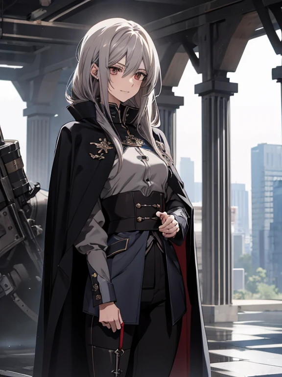 (Confused, High resolution, Very detailed), 1 female, Silver Hair,Long Hair,Reddish brown eyes,Blue and black military uniform,24th generation,beauty,mature,thin,quiet,Calm,A small smile,Long Cape,Slender and thin,Knee-high boots,skinny pants,Hangar,Small breasts,thin身体,Are thin