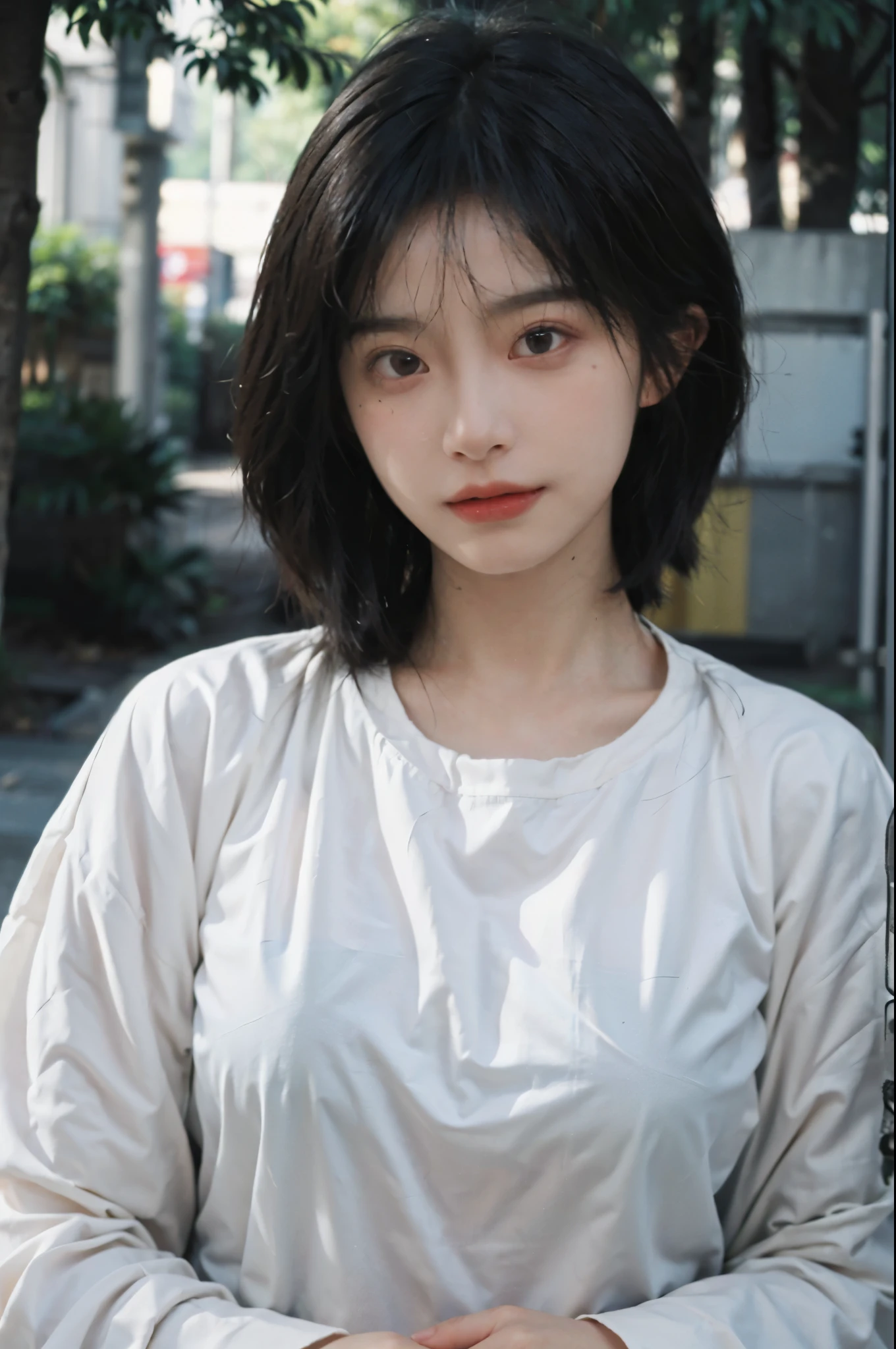 (Skin details:1.4), (smooth skin textures:1.3), Lipstick, background, earrings, Serene, calm, (Realistic and detailed eyes:1.2), (Large Breasts:1.3),Natural skin texture, Realistic facial details, Soft dramatic lighting, Vivid details, 35 mm film, outdoor, (Photo Practical:1.4), (hyper Practical:1.4), (Practical:1.3), (Smoother lighting:1.05), (Improve lighting quality:0.9), (Highest quality real skin textures:1.4), Exquisite eyes, Delicate face, Close-up of face, (Enhance the beauty of skin texture:1.1), Hair details, Model,normal body ratio, short hair, Moles under the eyes, Park background,Portrait Photography, Depth of Field, bokeh, Surrealism, Ray Tracing, (Portrait Photography:1.1), Surrealism, High Detail, clair obscur, Ray Tracing, reflected light, ultra HD, ultra HD, masterpiece, Textured Skin, Super Detail, High Detail, high quality, best quality