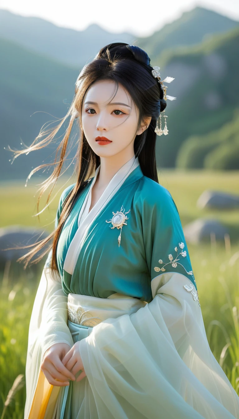 best quality,HD portrait photography, Looking at the audience,Female image wearing traditional Hanfu, Big breasts,summer,ruins,((Messy hair)),(grassland),(Yellow eyes),Ridiculous,(blond),Flowing hair,A large number of environments,middle Ages ,grace,prospect,Water Eye,wind,微wind,Divine Light,grassland,Mountains and lakes in the distance,The sun shines through the trees,A vast expanse of grassland,Pretty Face, beautiful eyes,