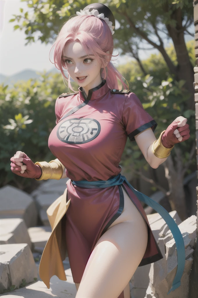 maam,big breasts,beautifuleyes,narrow waist,realistic,solo,outdoor,forest, martialMaam,pink hair,hair bun,long hair,china dress,short sleeves,sash,fingerless gloves,beautiful legs, smile, clenched fists, action pose,:1.1), lady, dragon quest