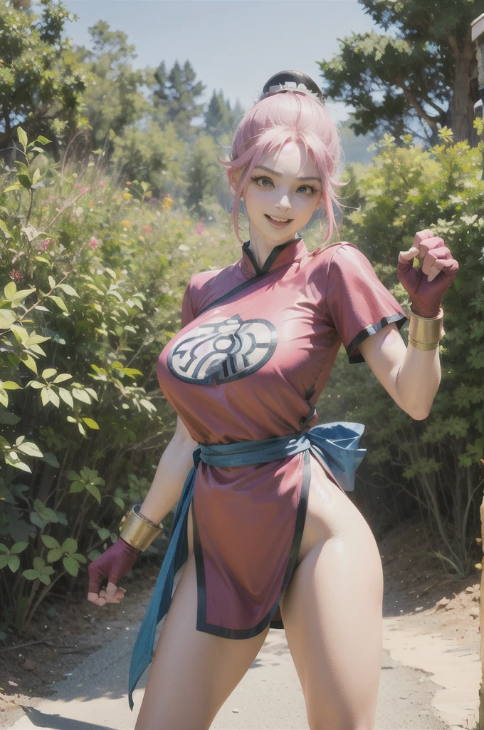 maam,big breasts,beautifuleyes,narrow waist,realistic,solo,outdoor,forest, martialMaam,pink hair,hair bun,long hair,china dress,short sleeves,sash,fingerless gloves,beautiful legs, smile, clenched fists, action pose,:1.1), lady, dragon quest